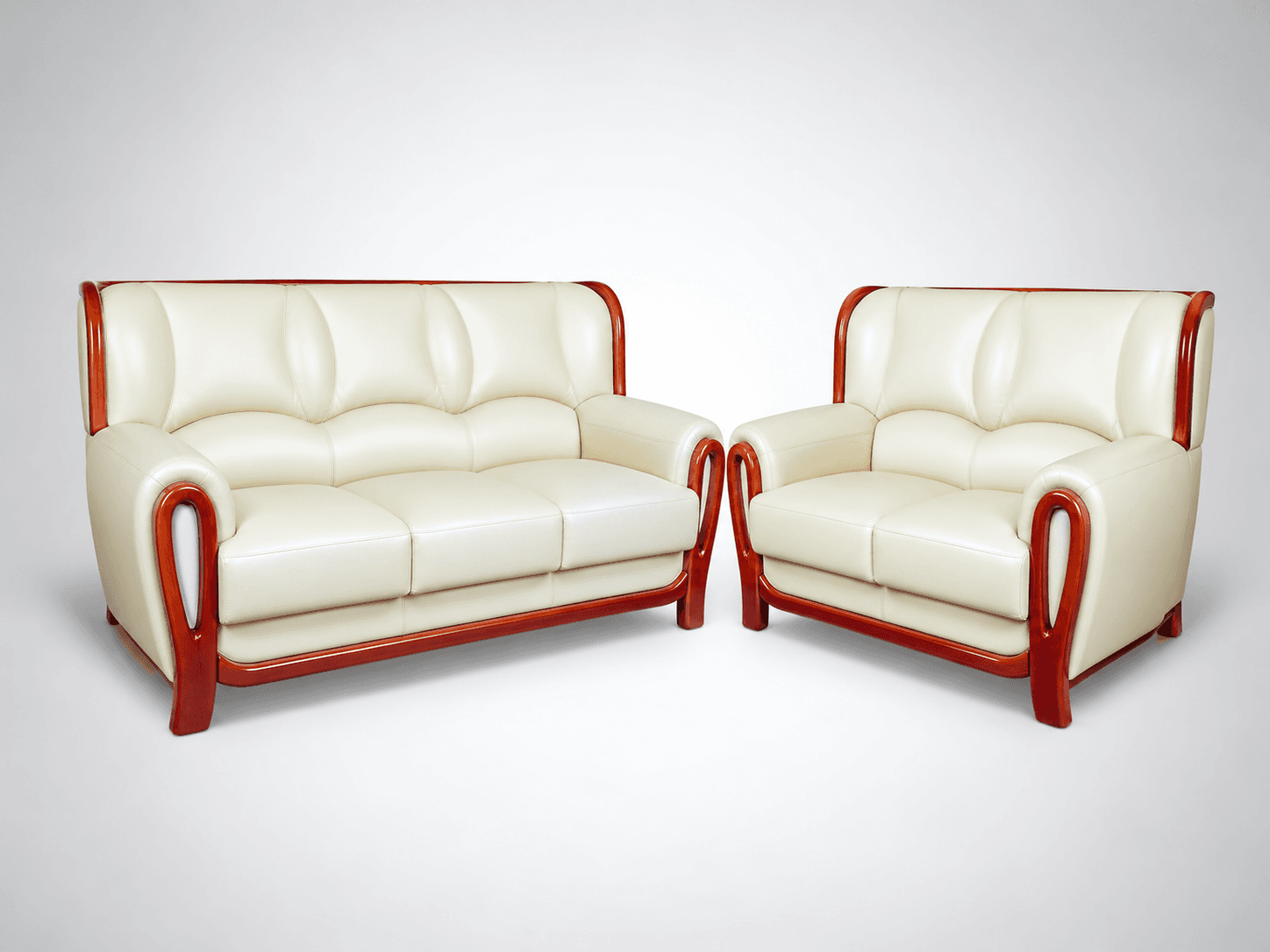 Premium Sofa 13 ivory leatherette luxury sofa set with curved Nilambur teak wood armrest accents by Kallingal Furniture