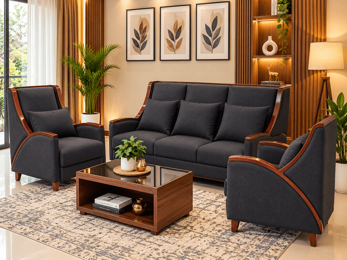 Premium Sofa 14 charcoal dark navy fabric sofa set with solid teak wood curved arm frame by Kallingal Furniture