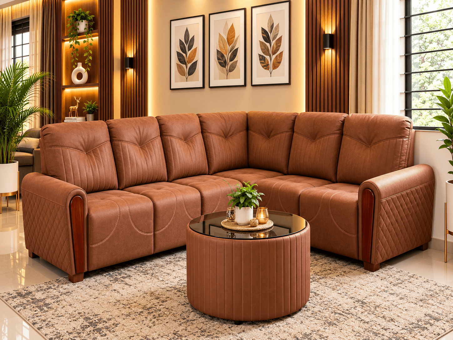 Premium Sofa 15 cognac brown leatherette L-shaped corner sectional sofa with teak wood arm trim by Kallingal Furniture