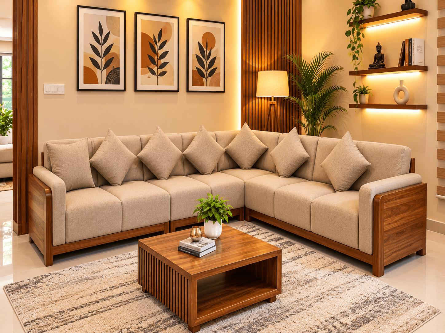 Premium Sofa 16 beige textured fabric luxury corner sectional sofa with solid Nilambur teak wood frame by Kallingal Furniture