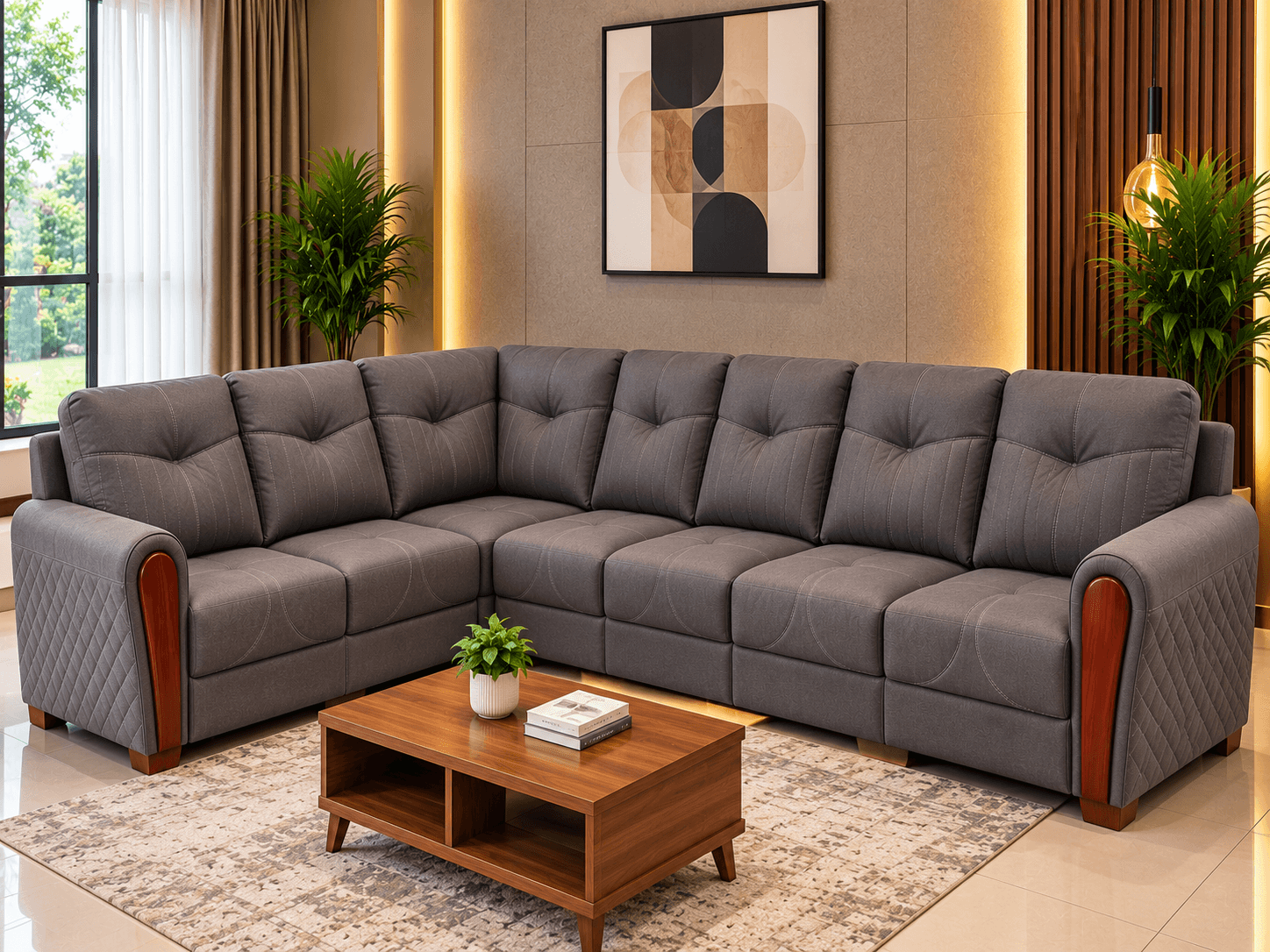 Premium Sofa 17 slate grey upholstered L-shaped sectional sofa with diamond quilted armrests and teak wood trim by Kallingal Furniture