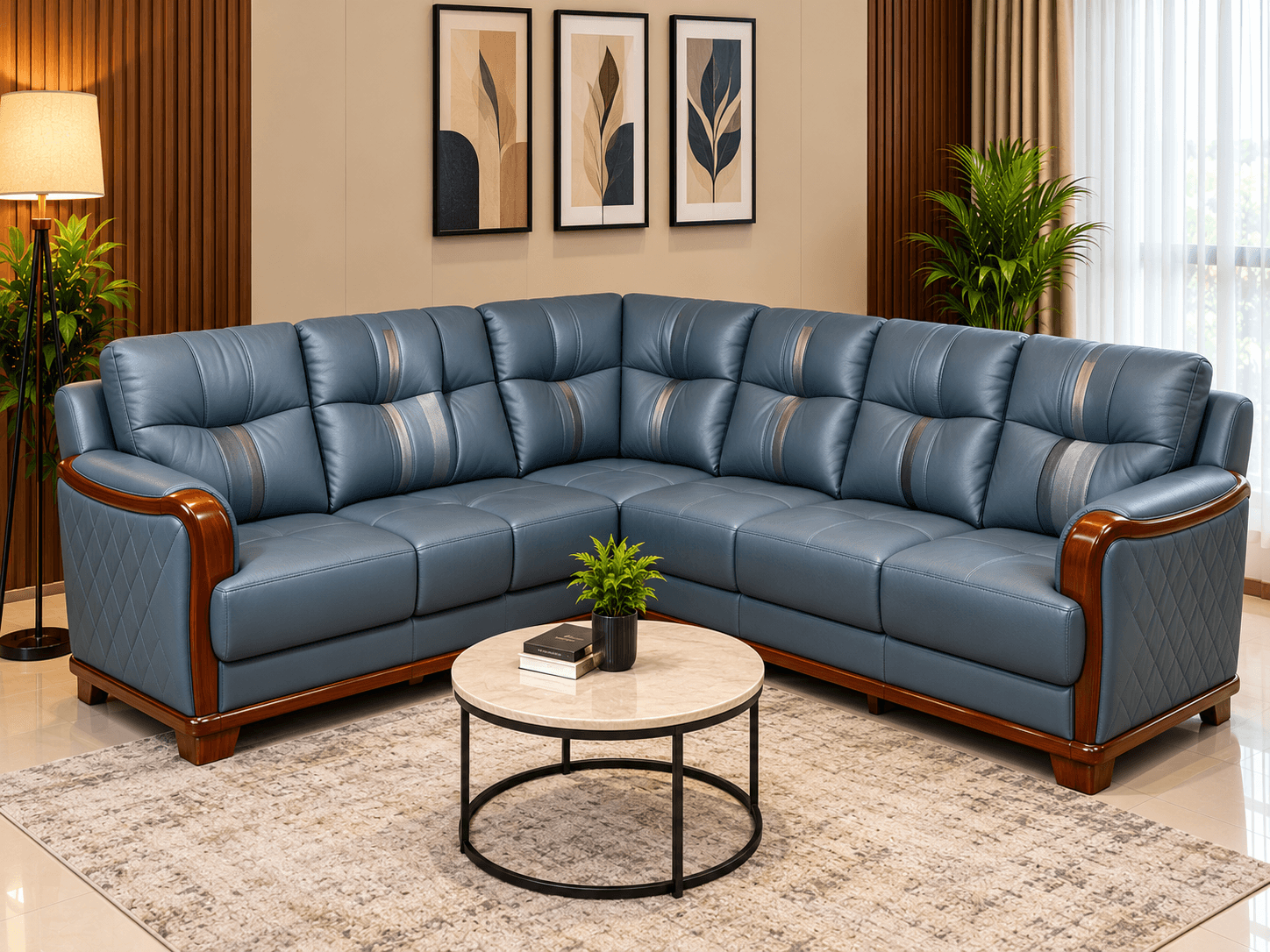 Premium Sofa 18 steel blue leatherette corner sectional sofa with striped backrests and polished teak wood trim by Kallingal Furniture
