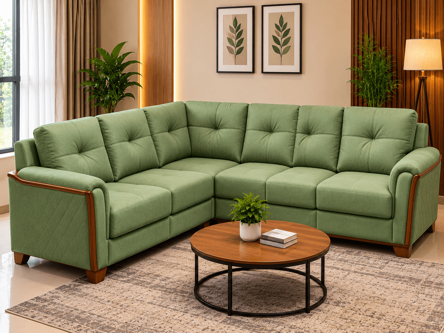 Premium Sofa 19 sage green textured fabric L-shaped living room sectional sofa with teak wood arm detailing by Kallingal Furniture