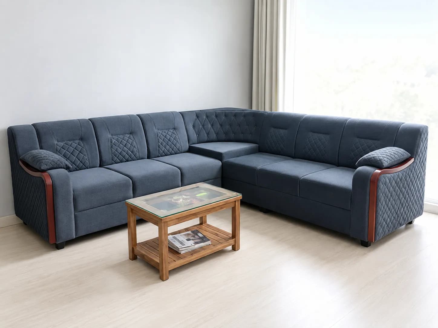 Premium Sofa 2 modern upholstered corner sectional sofa in deep blue finish