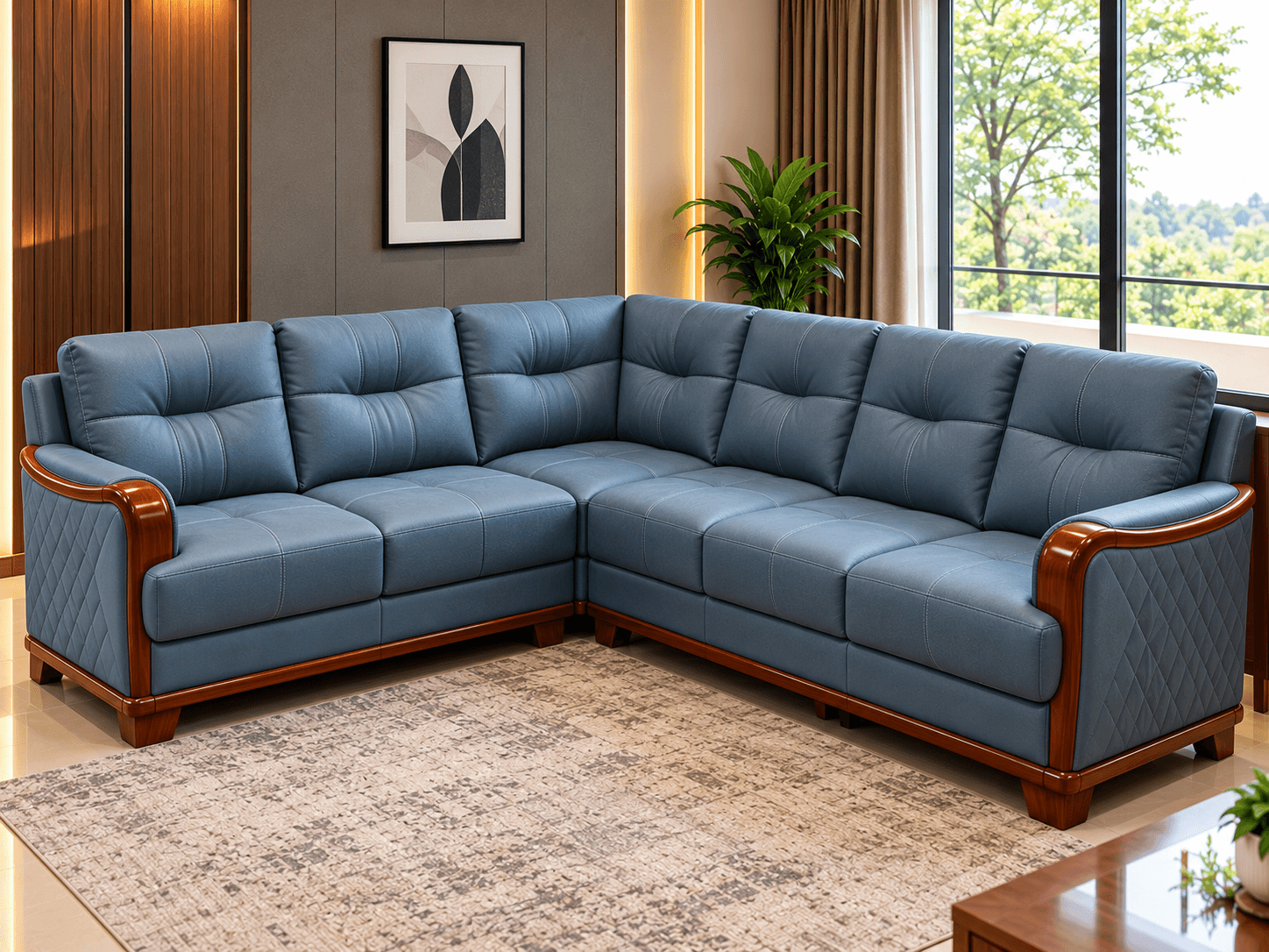 Premium Sofa 20 ocean blue leatherette luxury sectional sofa with quilted sides and teak wood curved frame by Kallingal Furniture