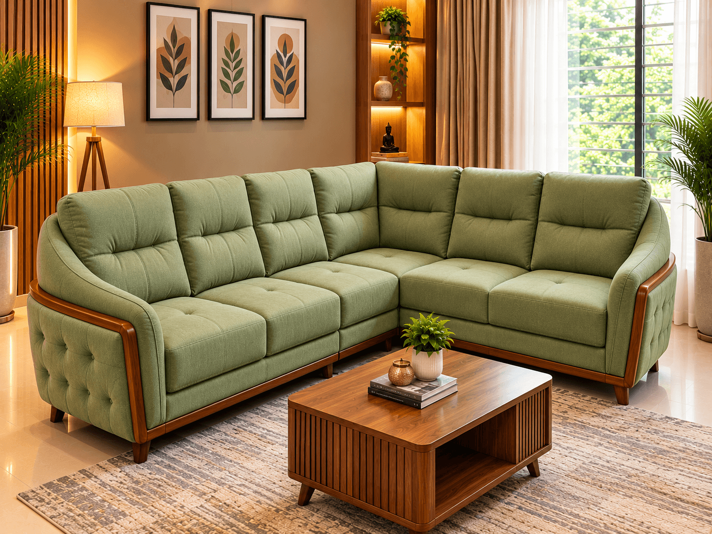Premium Sofa 21 olive green upholstered corner sectional sofa with tufted side panels and solid teak wood base by Kallingal Furniture