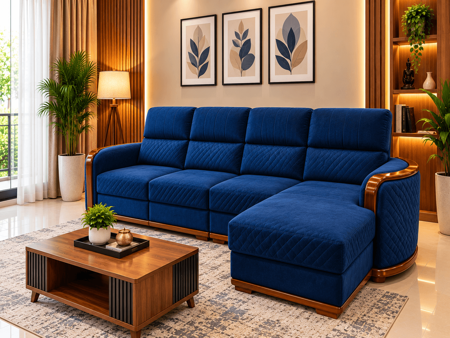 Premium Sofa 22 royal sapphire blue velvet sectional sofa with chaise lounge and polished teak wood accents by Kallingal Furniture