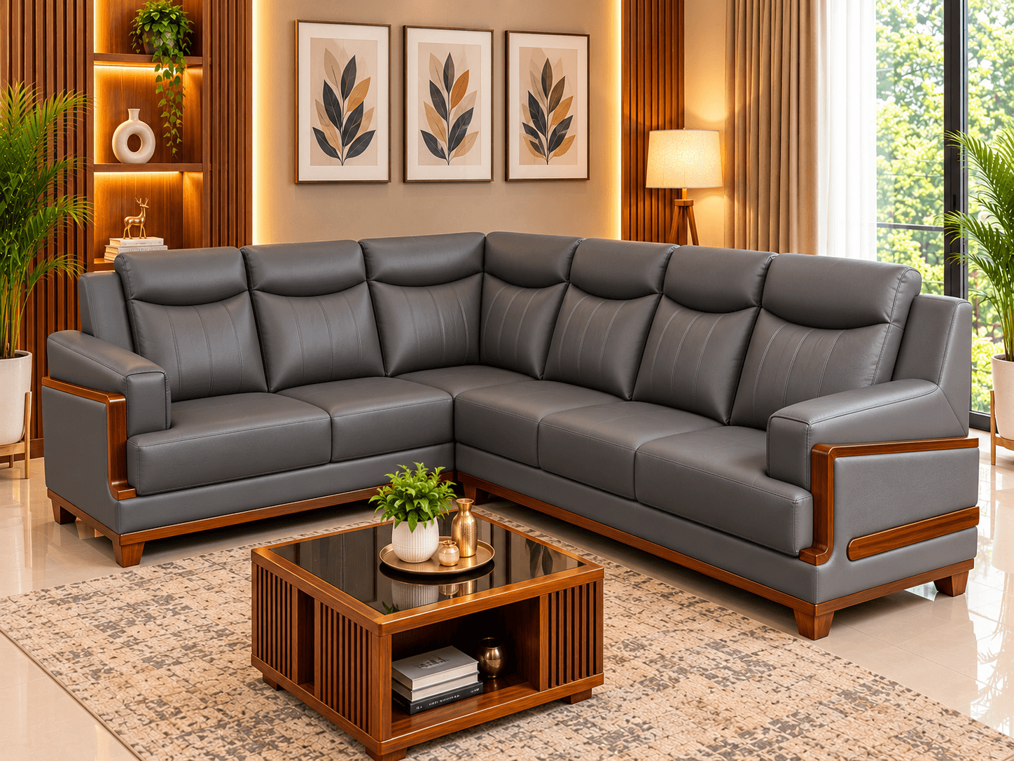 Premium Sofa 23 charcoal dark grey leatherette corner sectional sofa with ergonomic headrests and teak wood accents by Kallingal Furniture