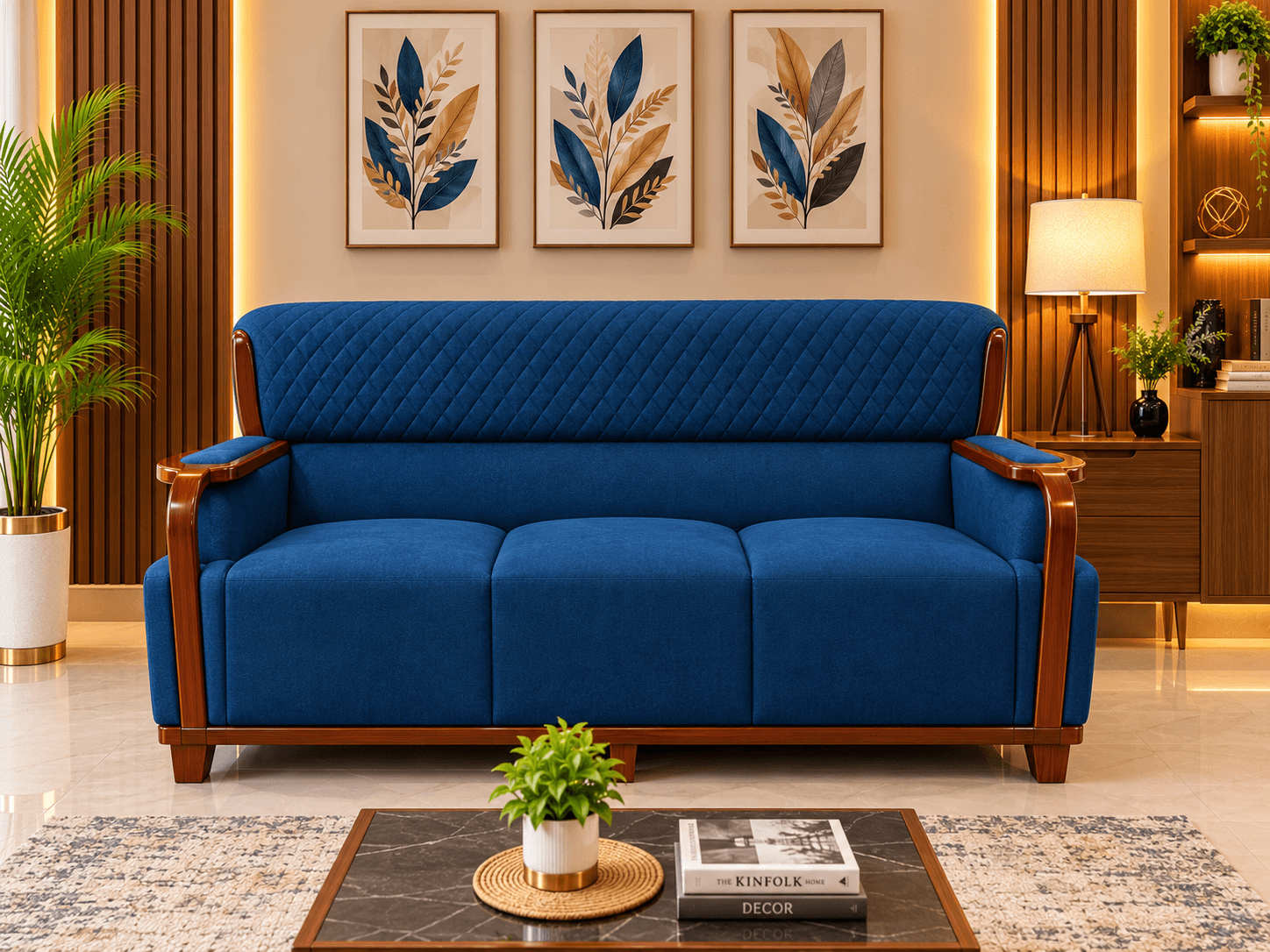 Premium Sofa 24 cobalt blue 3-seater living room sofa with diamond quilted backrest and teak wood armrests by Kallingal Furniture