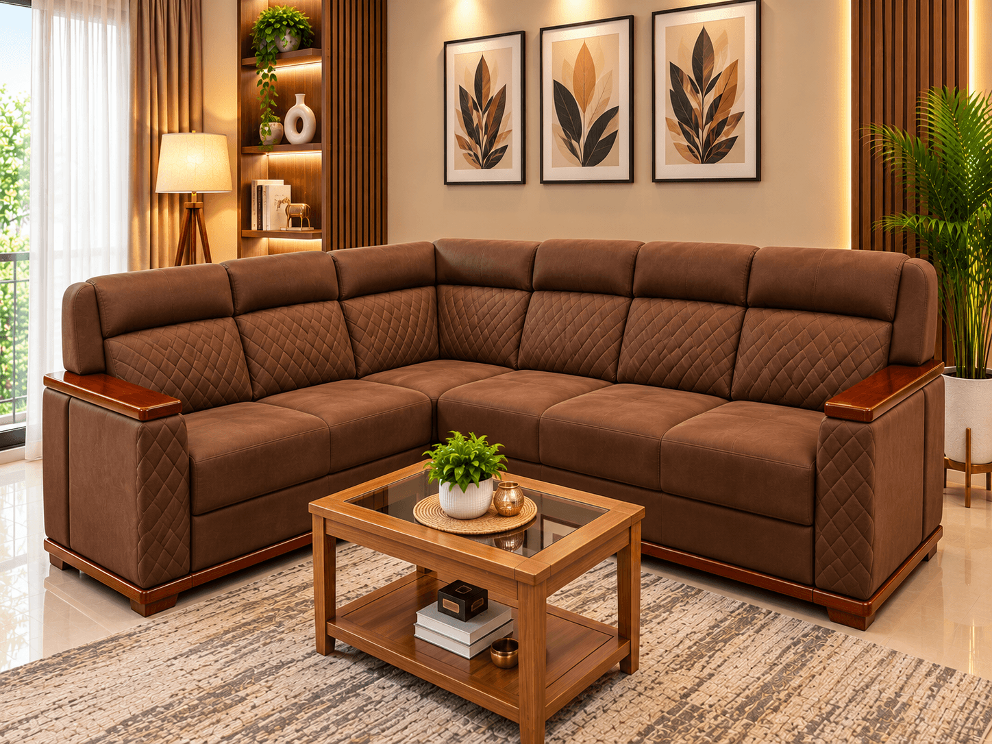 Premium Sofa 25 chocolate brown suede leatherette sectional sofa with diamond quilted cushions and teak wood arm caps by Kallingal Furniture