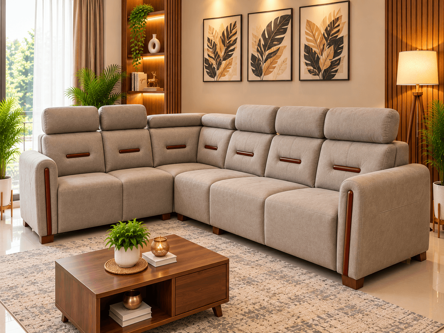 Premium Sofa 26 warm taupe beige modular fabric sectional sofa with adjustable headrests and teak wood trim by Kallingal Furniture