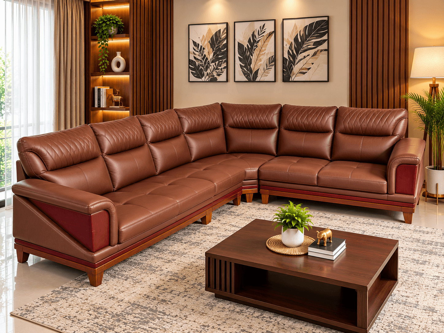 Premium Sofa 27 chestnut brown leatherette luxury corner sectional sofa with diamond quilted headrests and teak wood base by Kallingal Furniture
