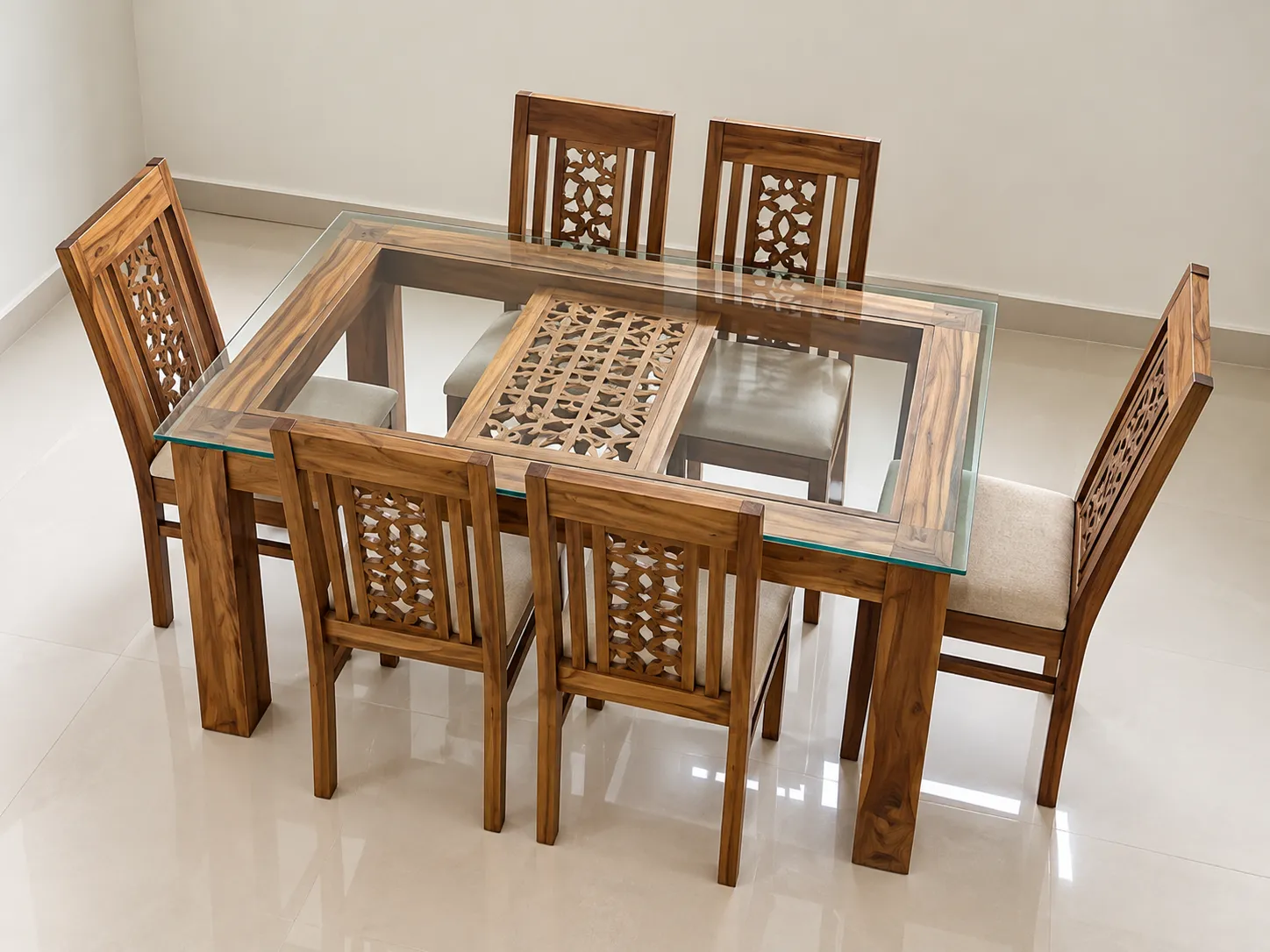 Kallingal solid Nilambur teak wood 6-seater dining table set with six cushioned ergonomic chairs