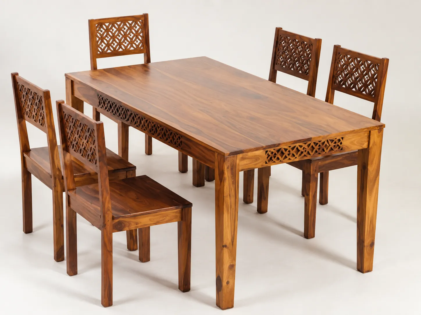 Kallingal modern rectangular dining table with beveled glass top and slatted wooden shelf