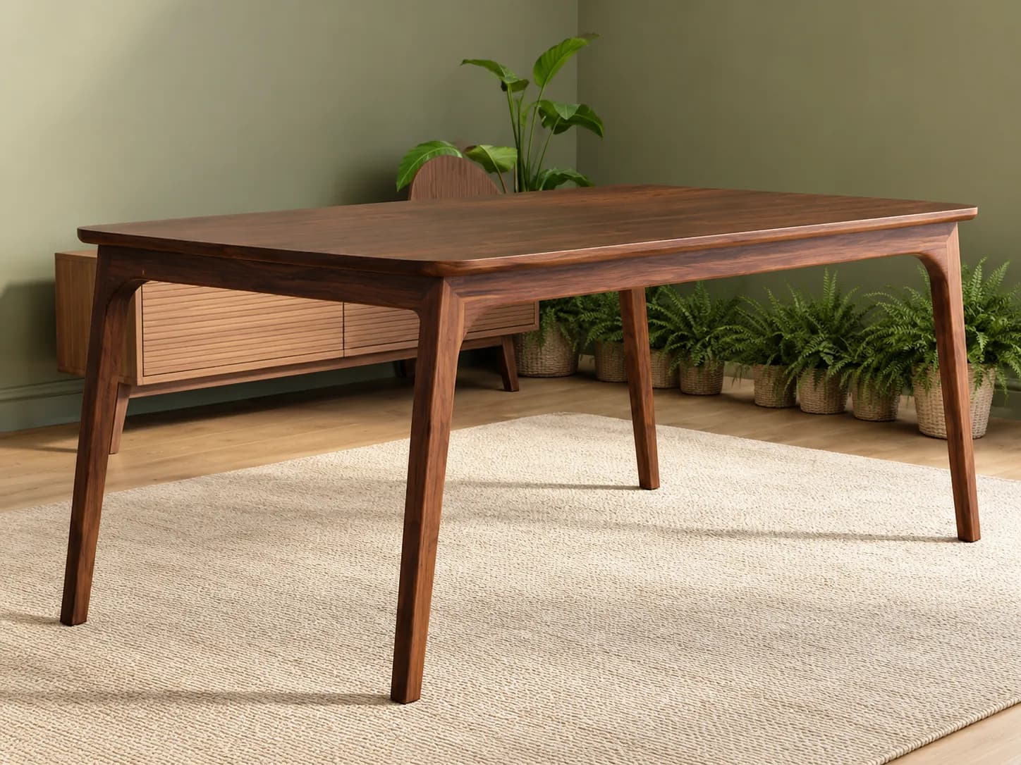Kallingal flagship solid Nilambur teak dining table showcasing unbroken natural grain patterns