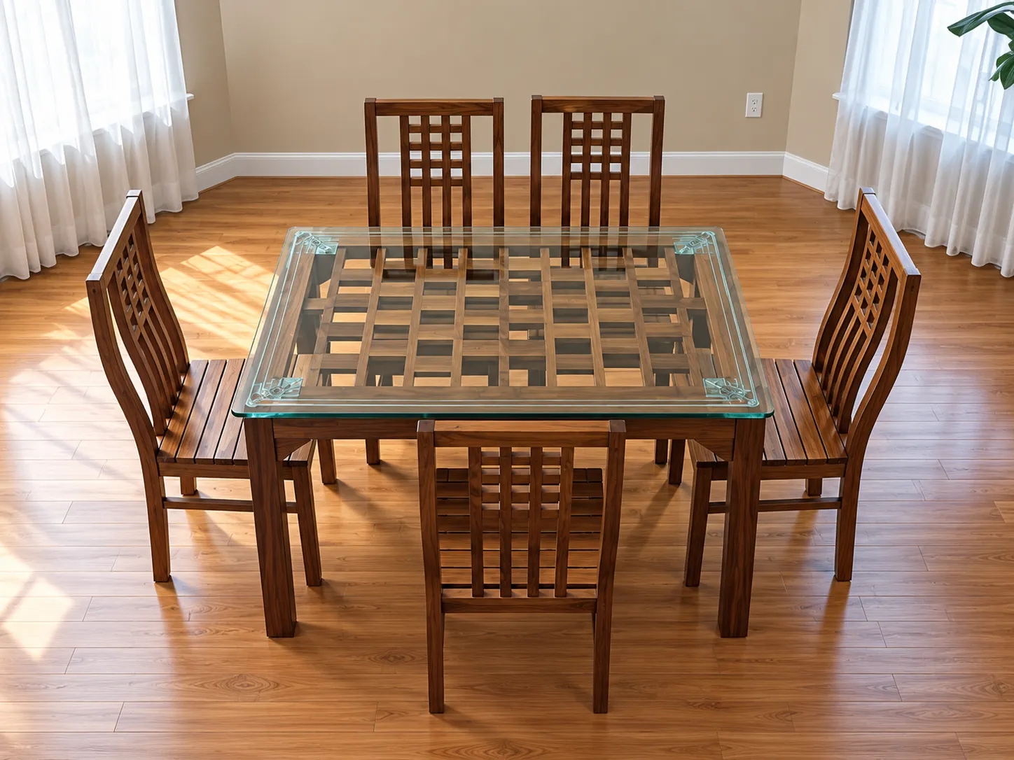 Kallingal designer teak dining table with heavy toughened glass top highlighting wooden pedestal base