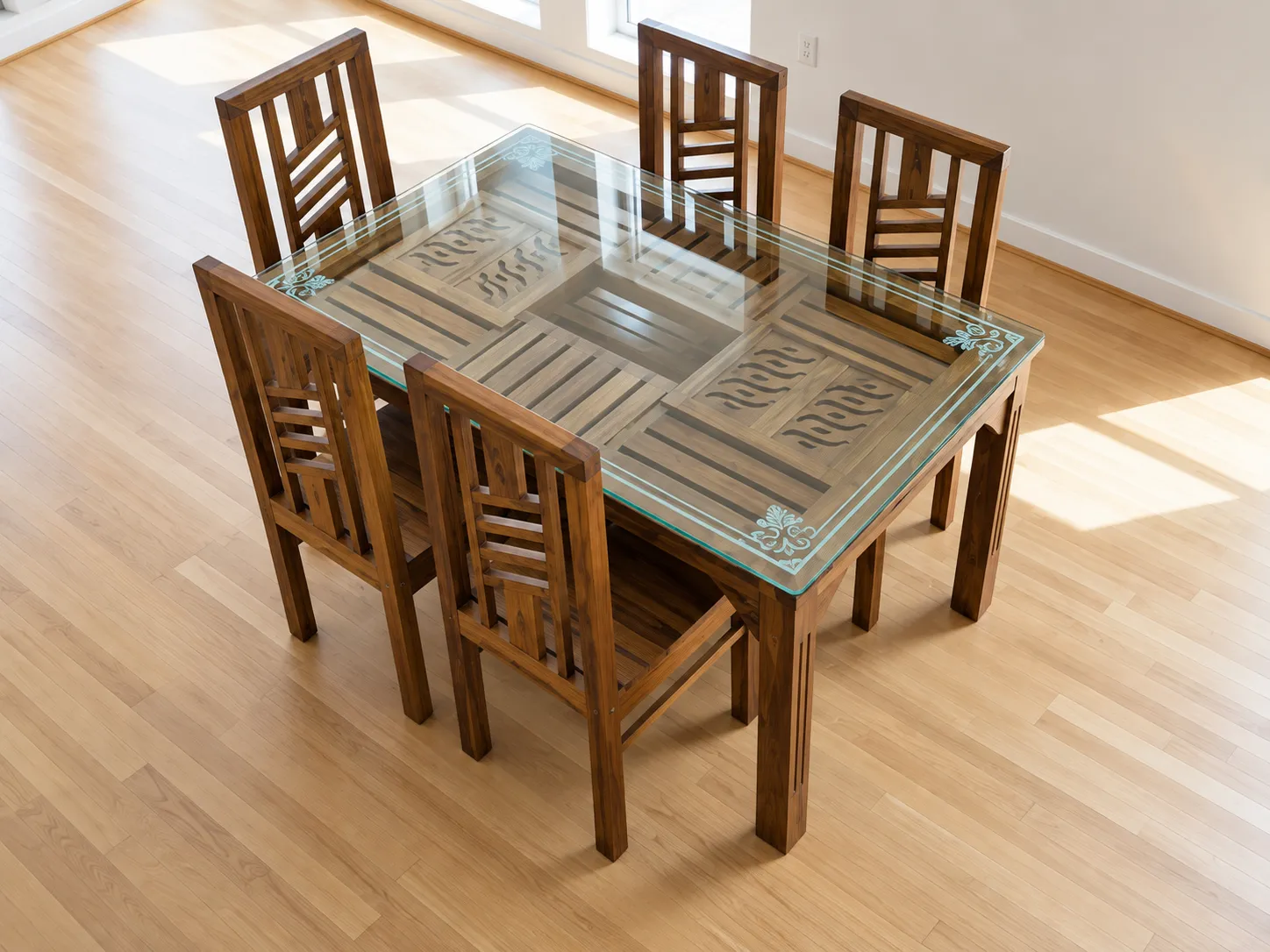Kallingal South Indian traditional carved teak wood dining table with ornate floral border detailing