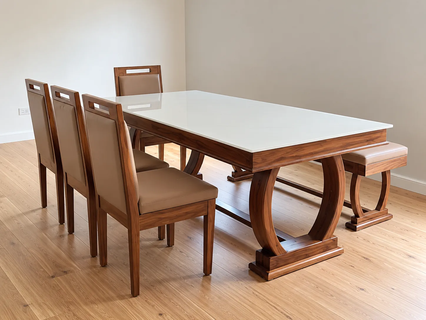 Kallingal clean-lined modern 6-seater dining table with solid natural grain teak timber top