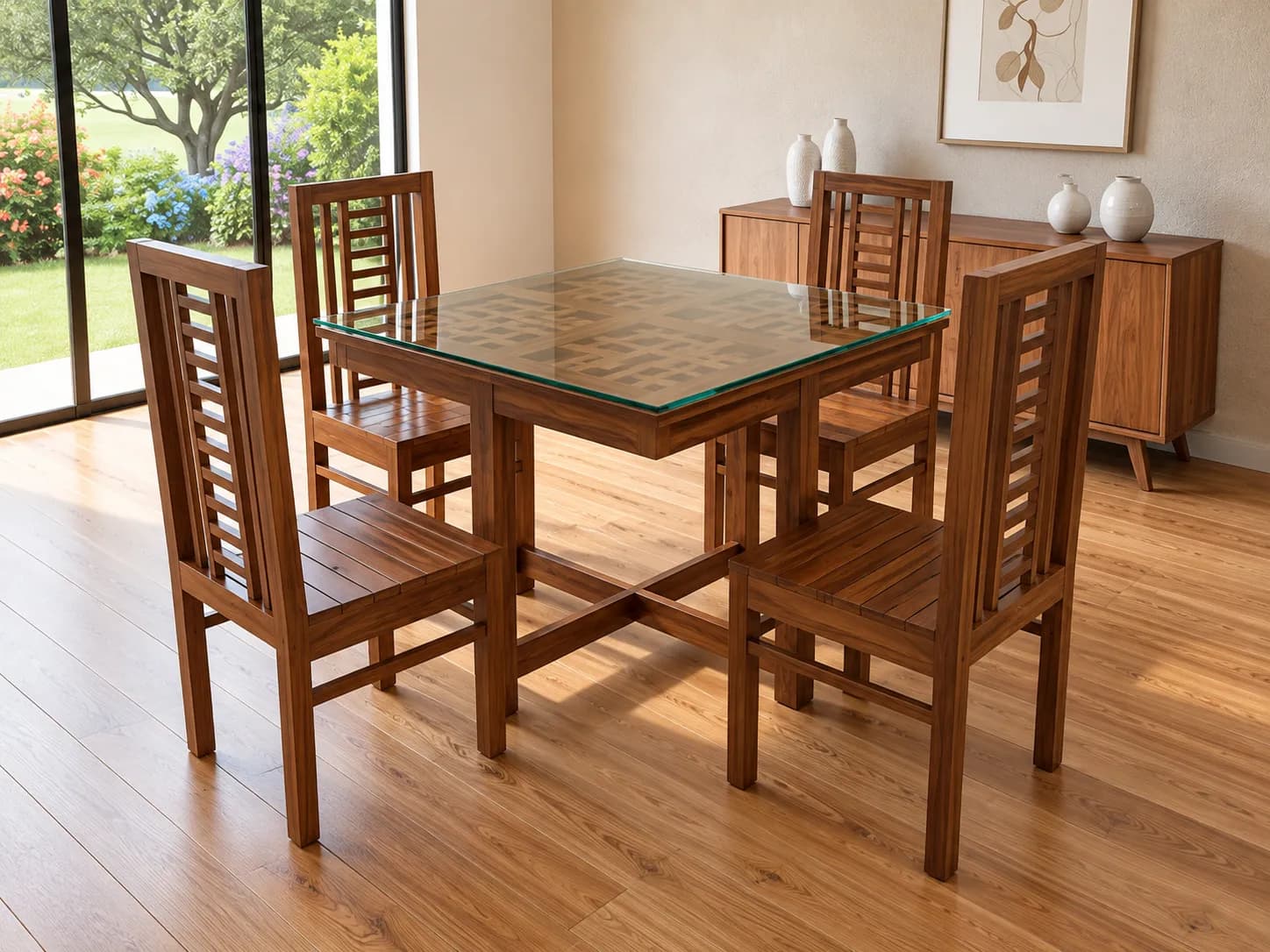Kallingal 4-seater square solid wood dining table set with comfortable upholstered seats