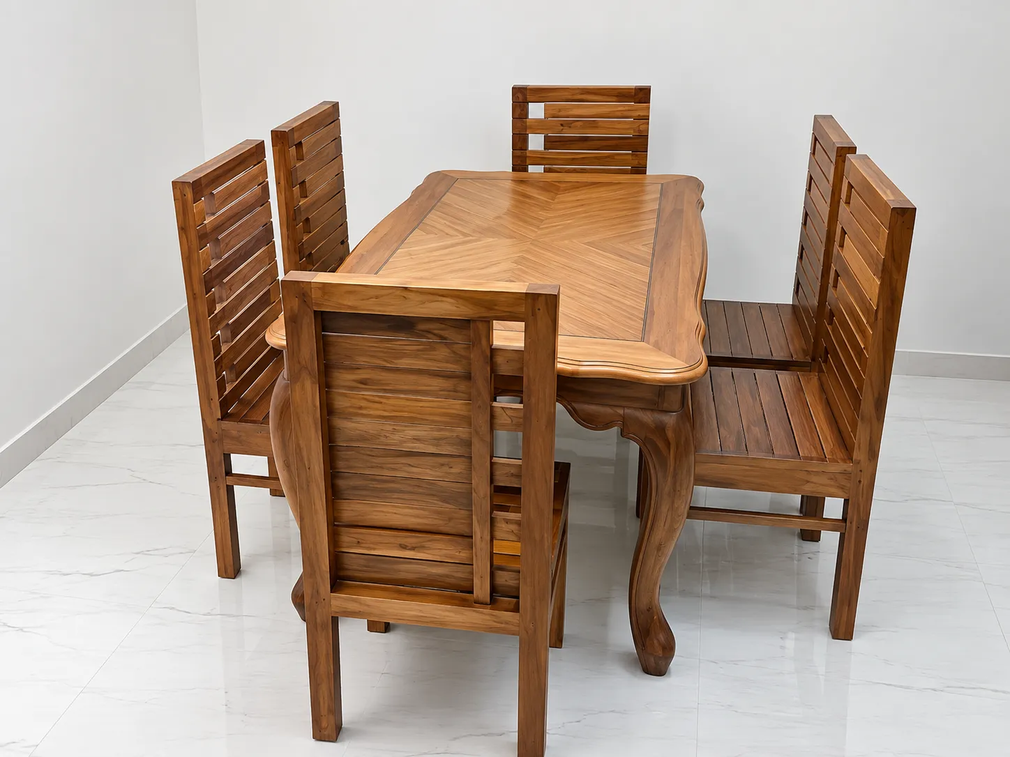 Kallingal luxury glass top dining table with sculpted solid teak wood legs and gold finish accents