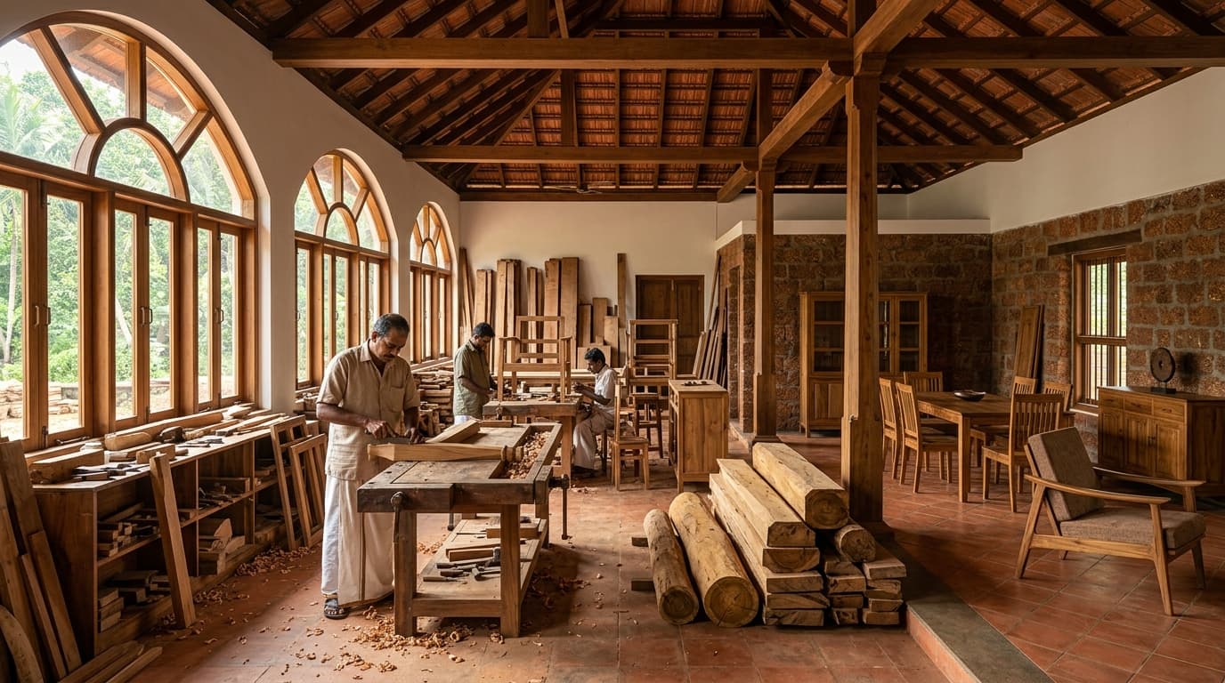 Master craftsmen and premium Nilambur teak furniture in Kallingal heritage workshop