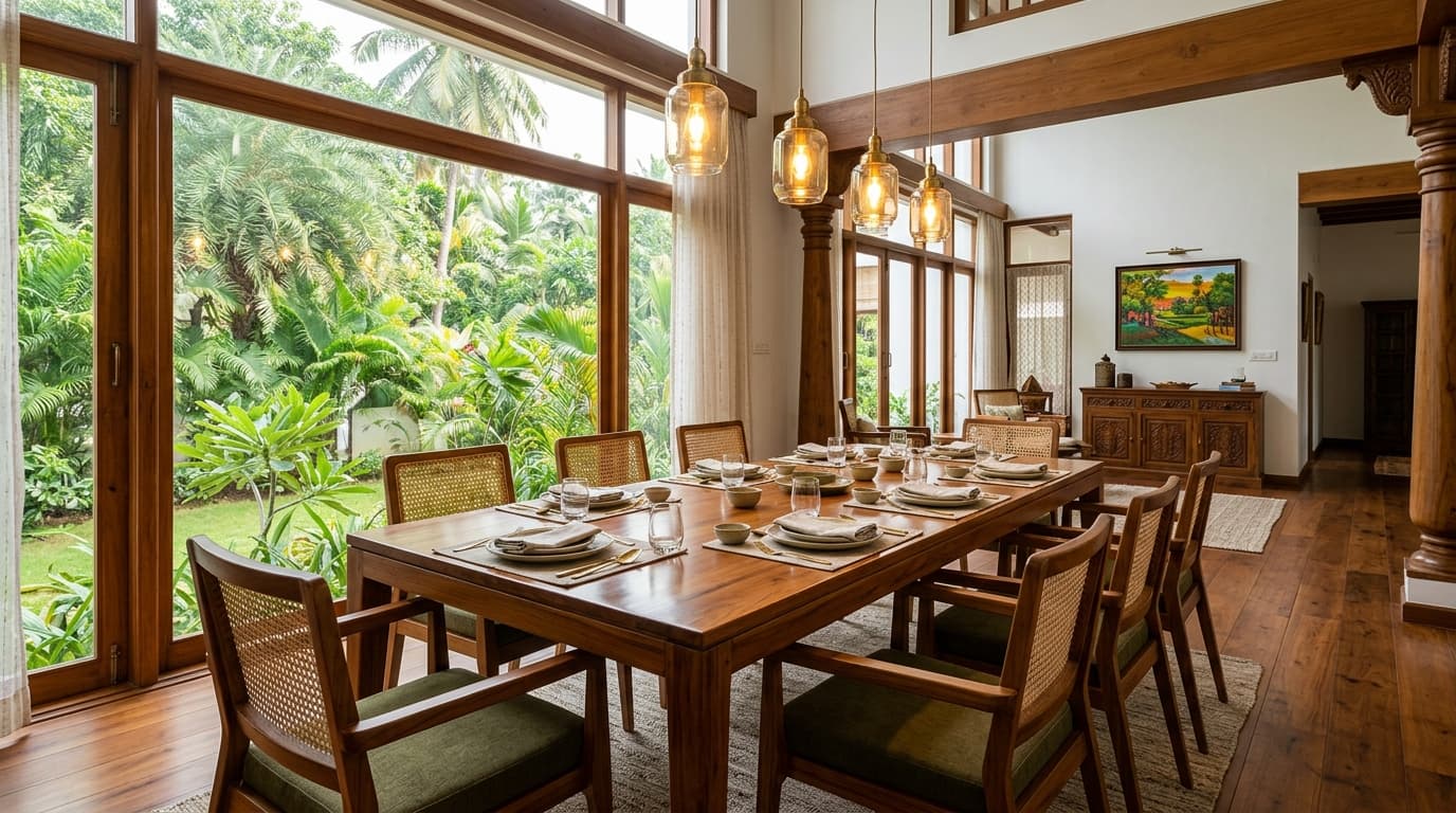 Solid teak wood dining table with chairs in an elegant South Indian home setting