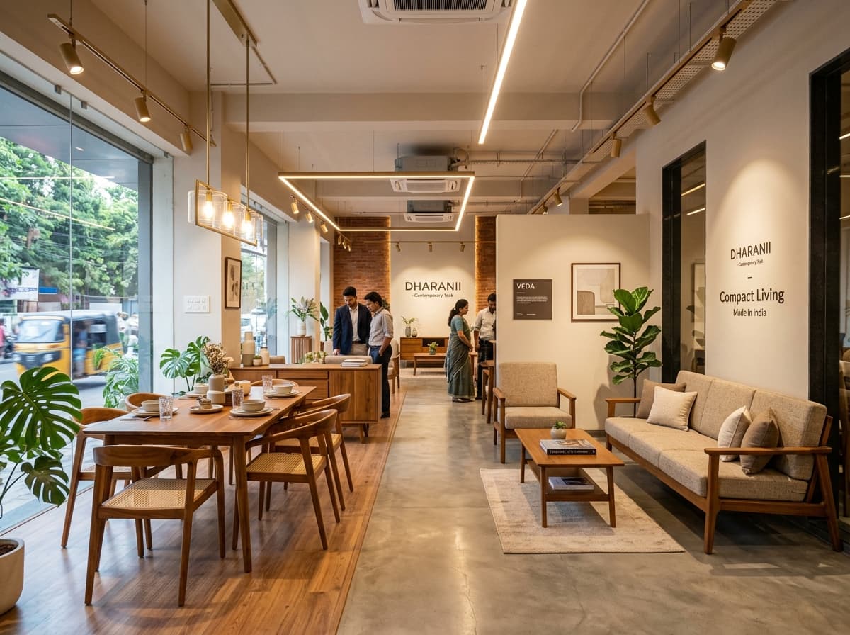 Kallingal Furniture Chennai showroom in Kovur - contemporary teak furniture for apartments