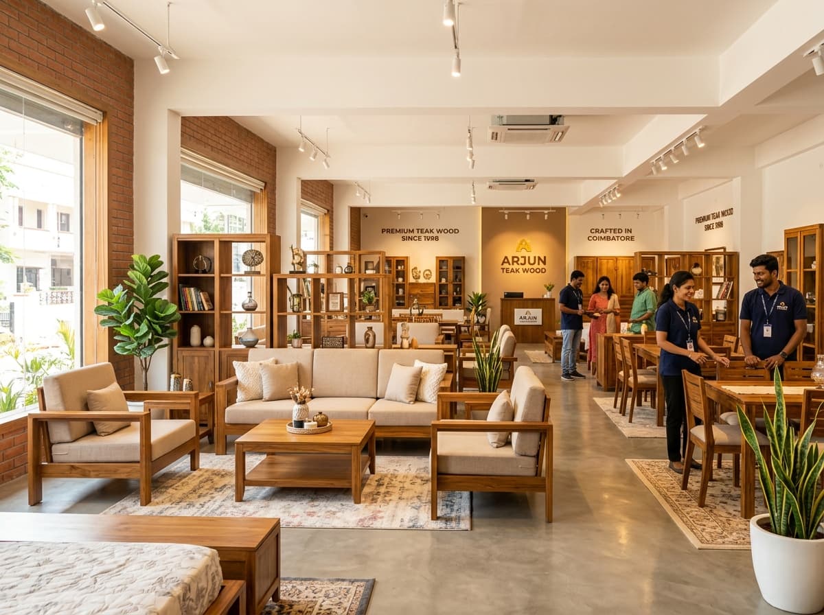 Kallingal Furniture Peelamedu showroom interior in Coimbatore - teak wood living and dining displays