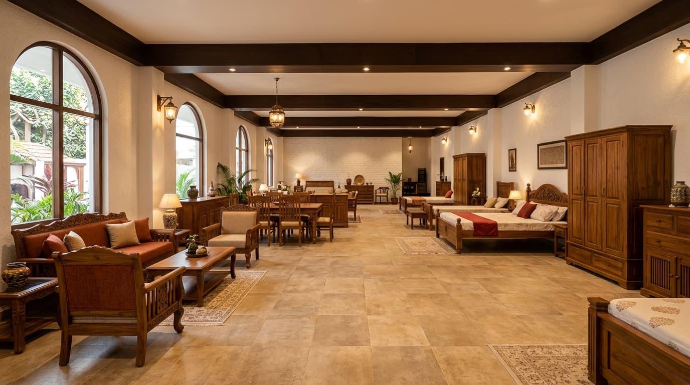 Kallingal Furniture Ramachettippalayam showroom in Coimbatore - authentic Nilambur teak heritage collections