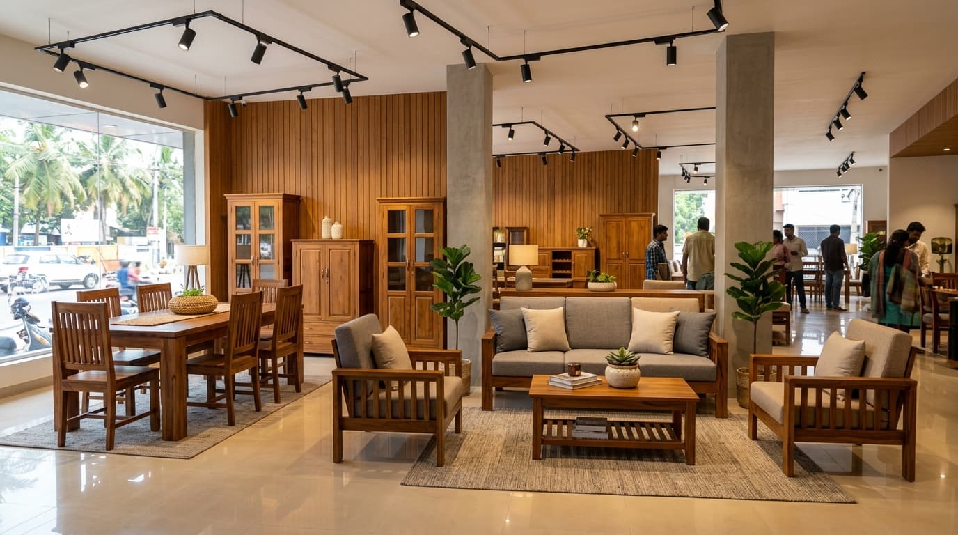 Kallingal Furniture Trichy showroom in Thiruverumbur - handcrafted solid teak furniture collections