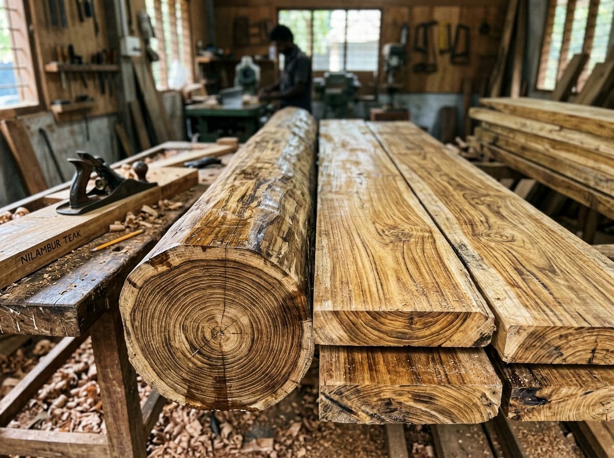 Seasoned Nilambur teak wood logs and planks showing natural wood grain in Kallingal workshop