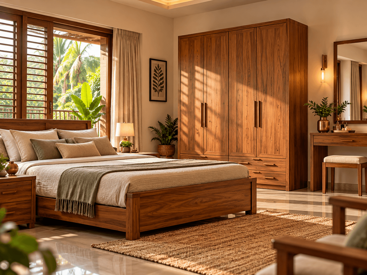 Teak wood almirah showing practical storage, shutters and interior design