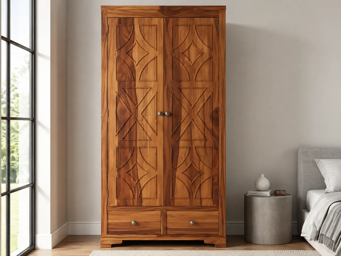 Kallingal Refined Mirror Almirah 10 - Contemporary Mirror Wardrobe Kallingal contemporary teak wood almirah with vertical center mirror panel and brass accents