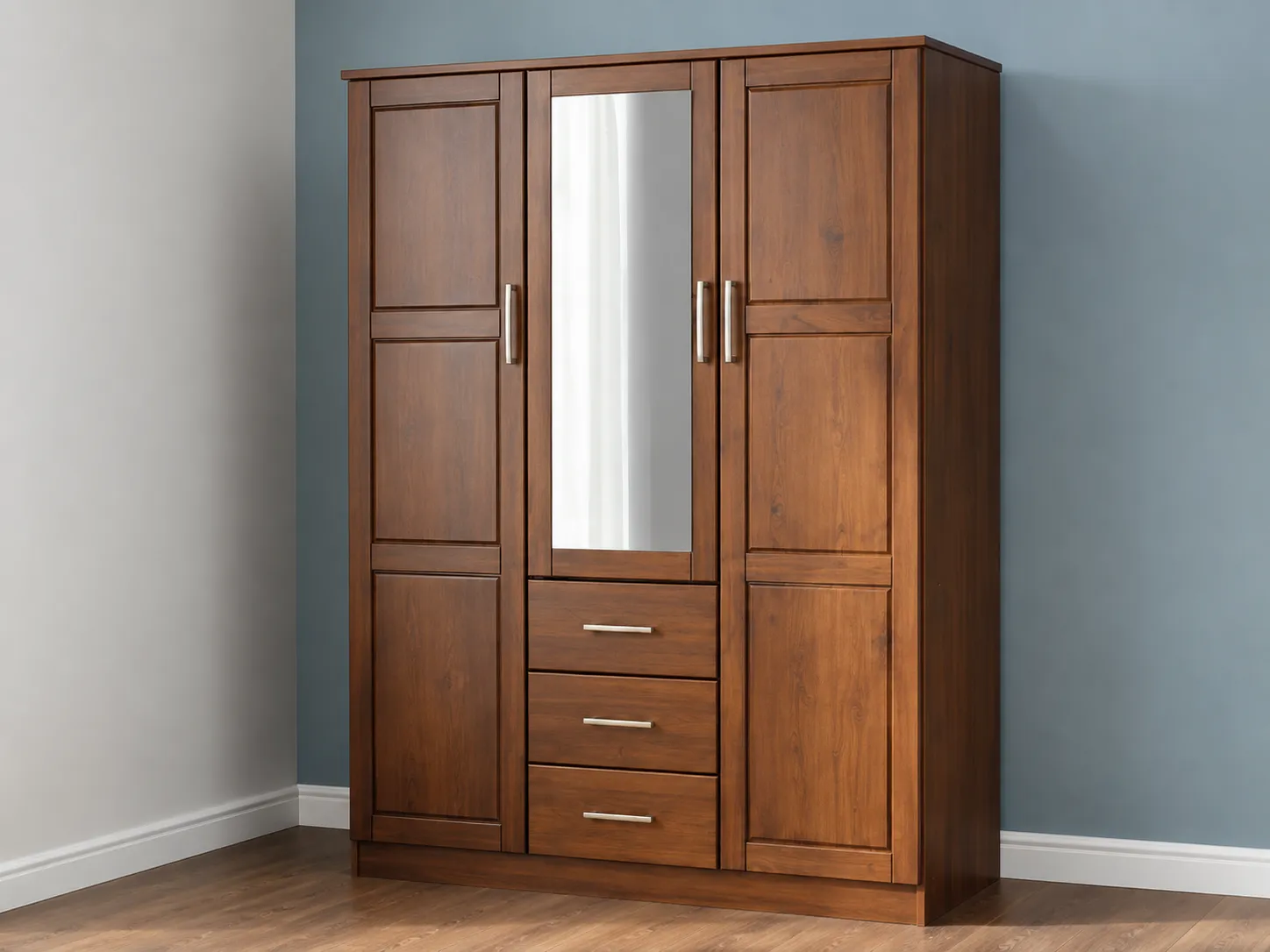 Kallingal Artisan 3-Door Wardrobe 11 - Hand-Carved Teak Wardrobe Kallingal artisanal three-door teak bedroom wardrobe with carved floral motifs on shutter panels