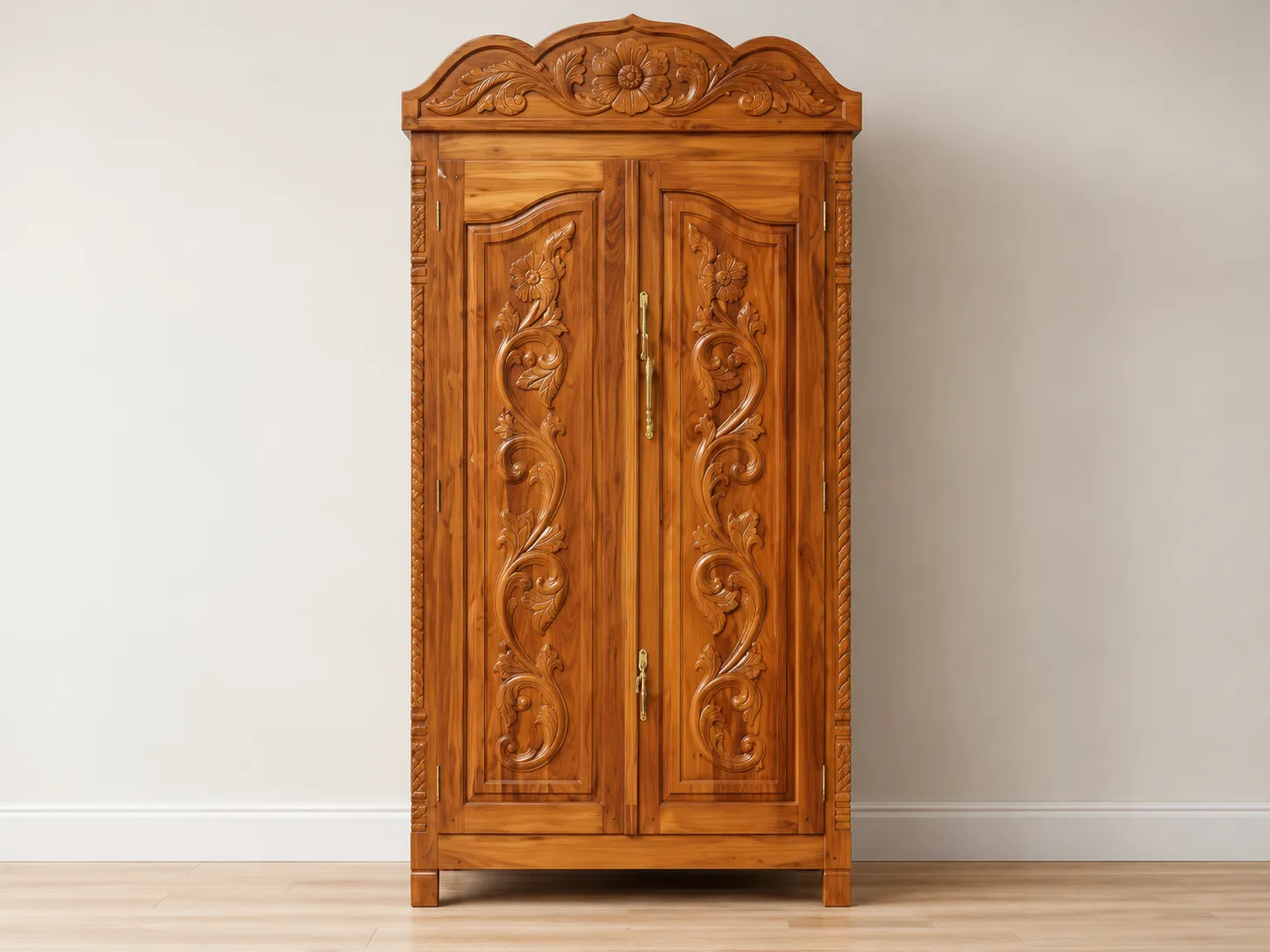 Kallingal Grand Multi-Door Showcase Almirah 16 - Heavy Teak Wardrobe Kallingal grand multi-door solid teak wardrobe with upper storage loft and sturdy base plinth