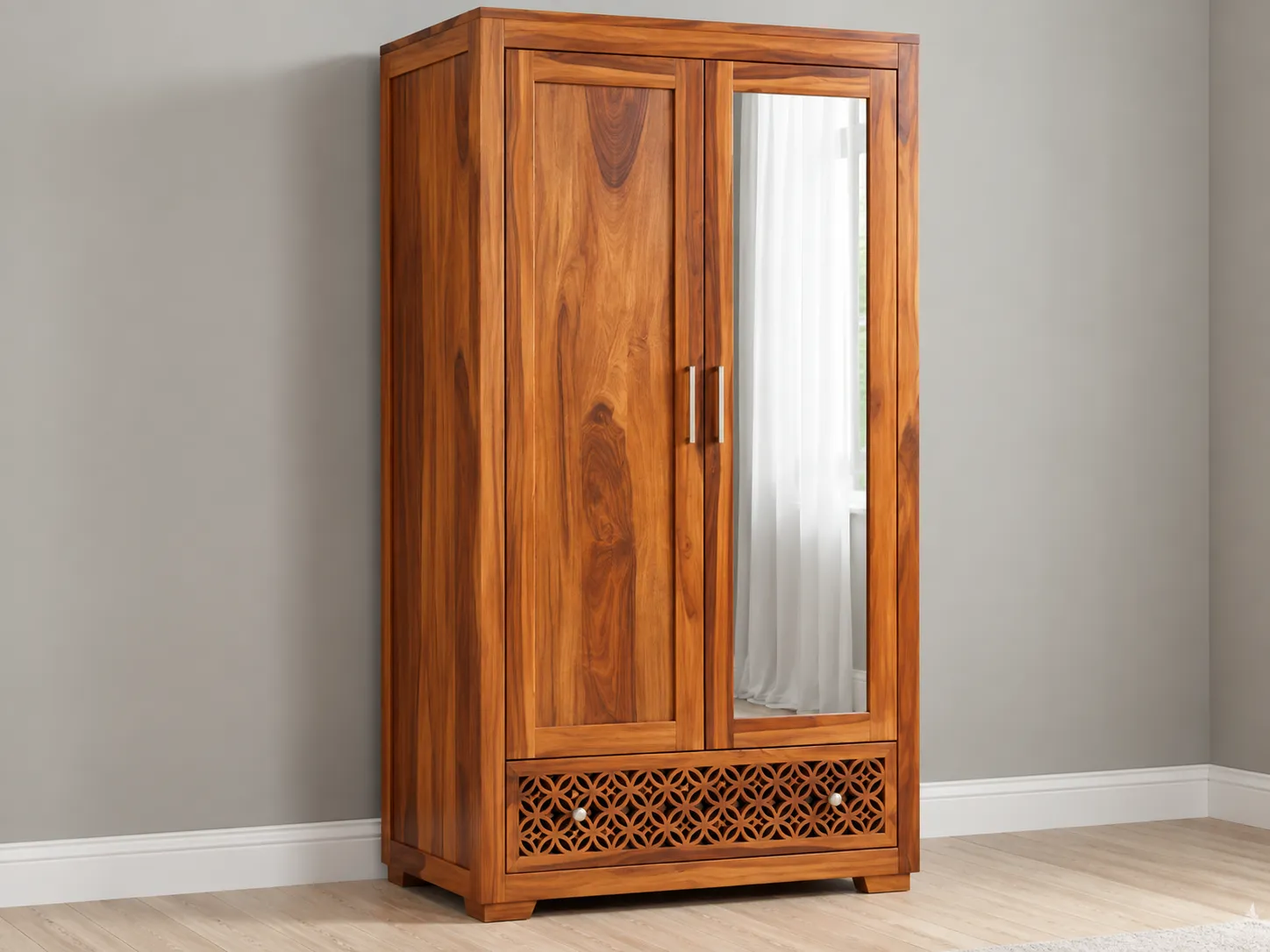 Kallingal Traditional 2-Door Cupboard 17 - Teak Storage Cupboard Kallingal classic 2-door wooden storage cupboard with panelled shutters and brass lock plate