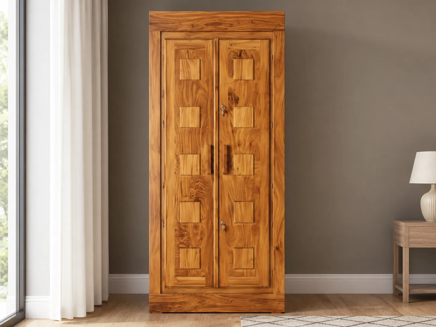 Kallingal Deluxe Mirror Wardrobe 18 - High-Clarity Mirror Almirah Kallingal deluxe wooden wardrobe with high-clarity mirror door and rich golden-brown stain