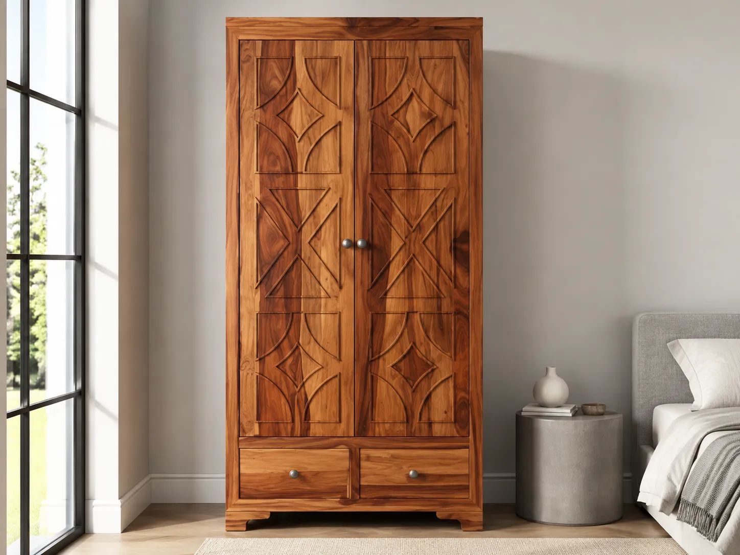 Kallingal Grand 3-Door Wardrobe 3 - Solid Teak 3-Door Almirah Kallingal spacious 3-door solid Nilambur teak wood wardrobe with dual hanging zones