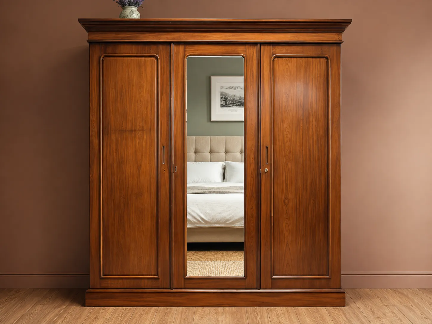 Kallingal Royal Dressing Almirah 6 - Luxury Beveled Mirror Wardrobe Kallingal luxury teak almirah with integrated beveled mirror and ornate wooden crown