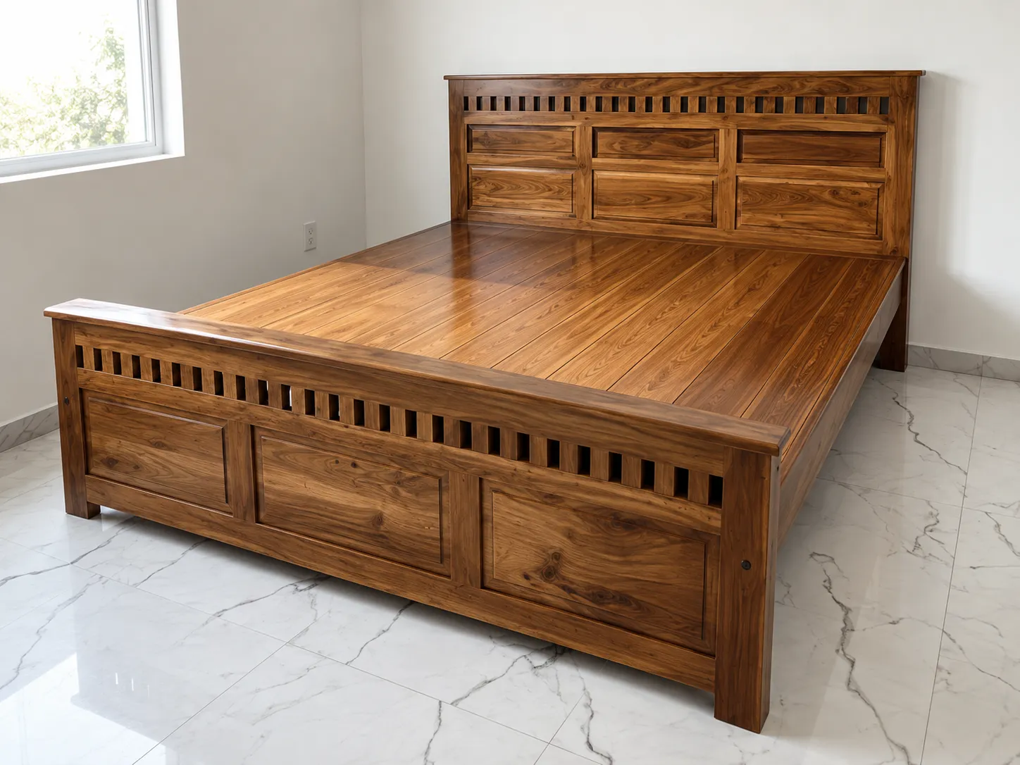 Kallingal Royal King Cot 1 - Solid Teak Wood Bedroom Bed Kallingal solid Nilambur teak wood king size cot with elegantly carved slatted headboard