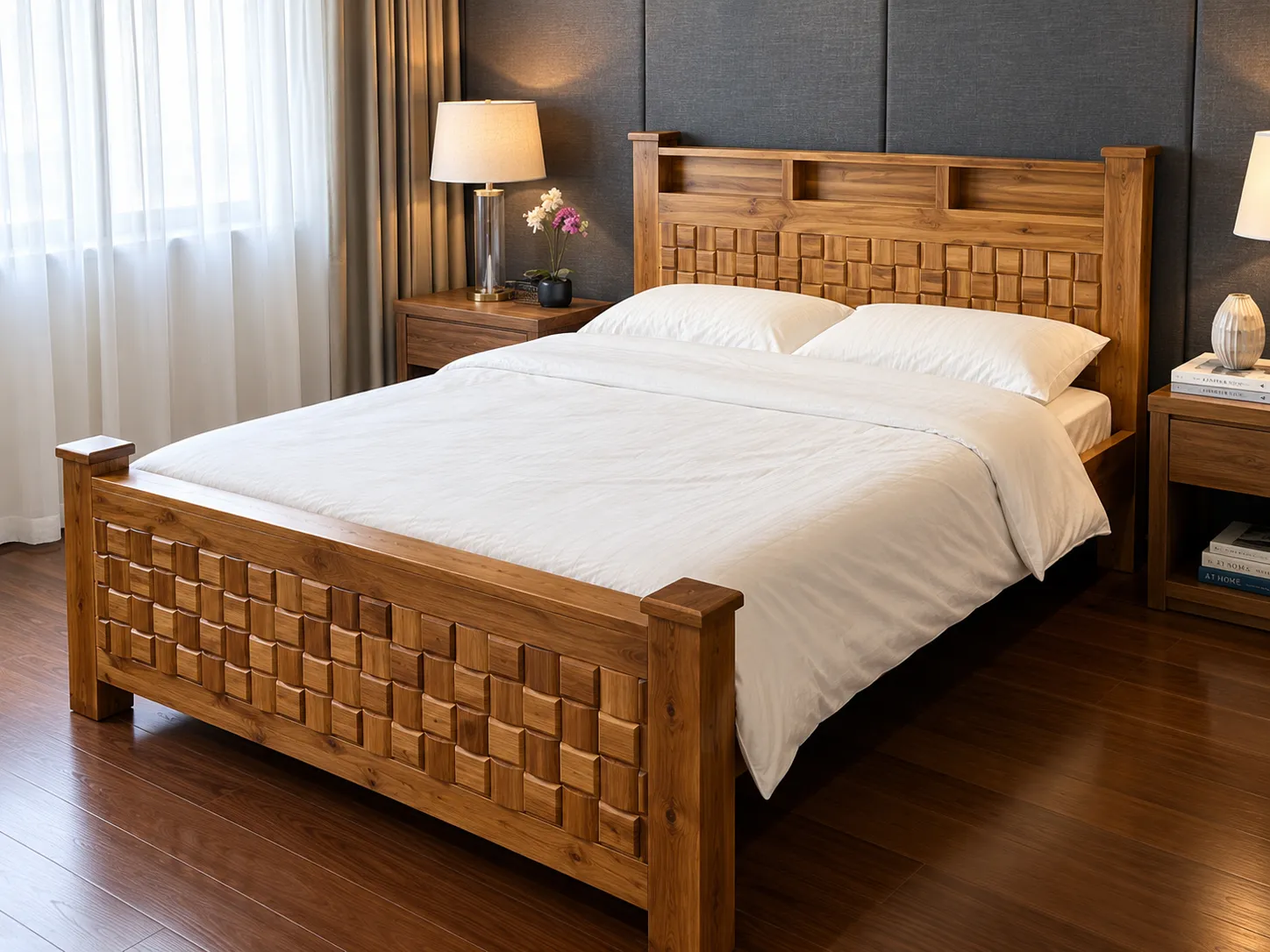 Kallingal Hydraulic Box Cot 11 - Easy-Lift Teak Storage Bed Kallingal solid wood bed with easy-lift hydraulic storage mechanism and seamless wooden borders