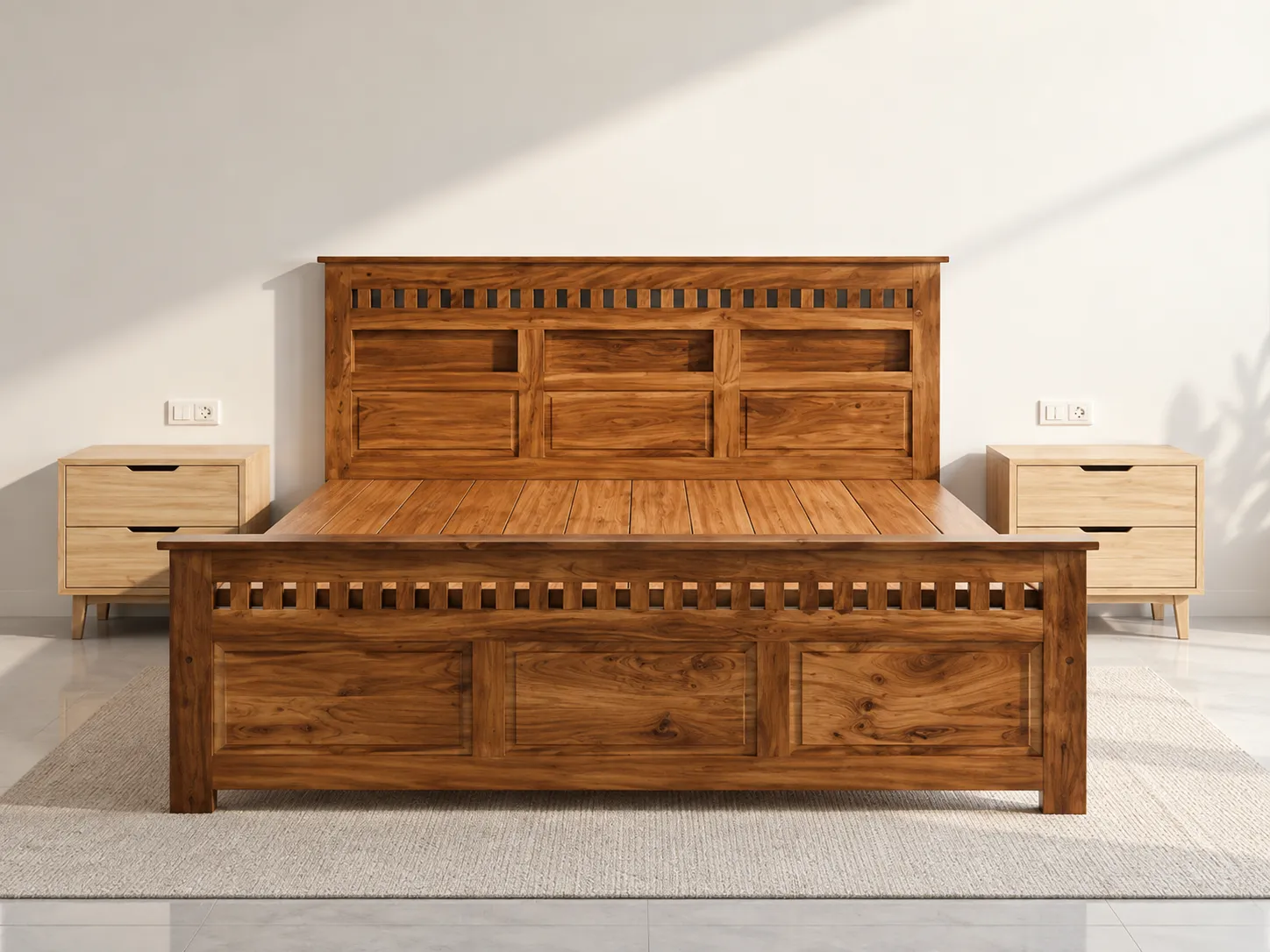 Kallingal Serene Queen Cot 18 - Slatted Wooden Queen Bed Kallingal calm aesthetic teak queen cot with slatted ventilation headboard