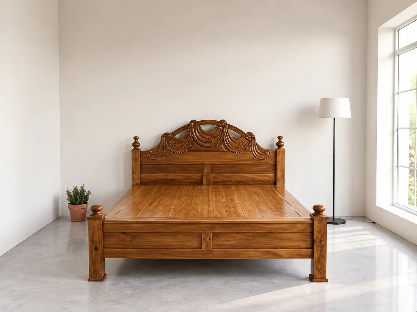 Kallingal Heritage Queen Cot 2 - Classic Teak Wood Bed Kallingal queen size teak wood bed frame with smooth walnut finish and sturdy leg posts