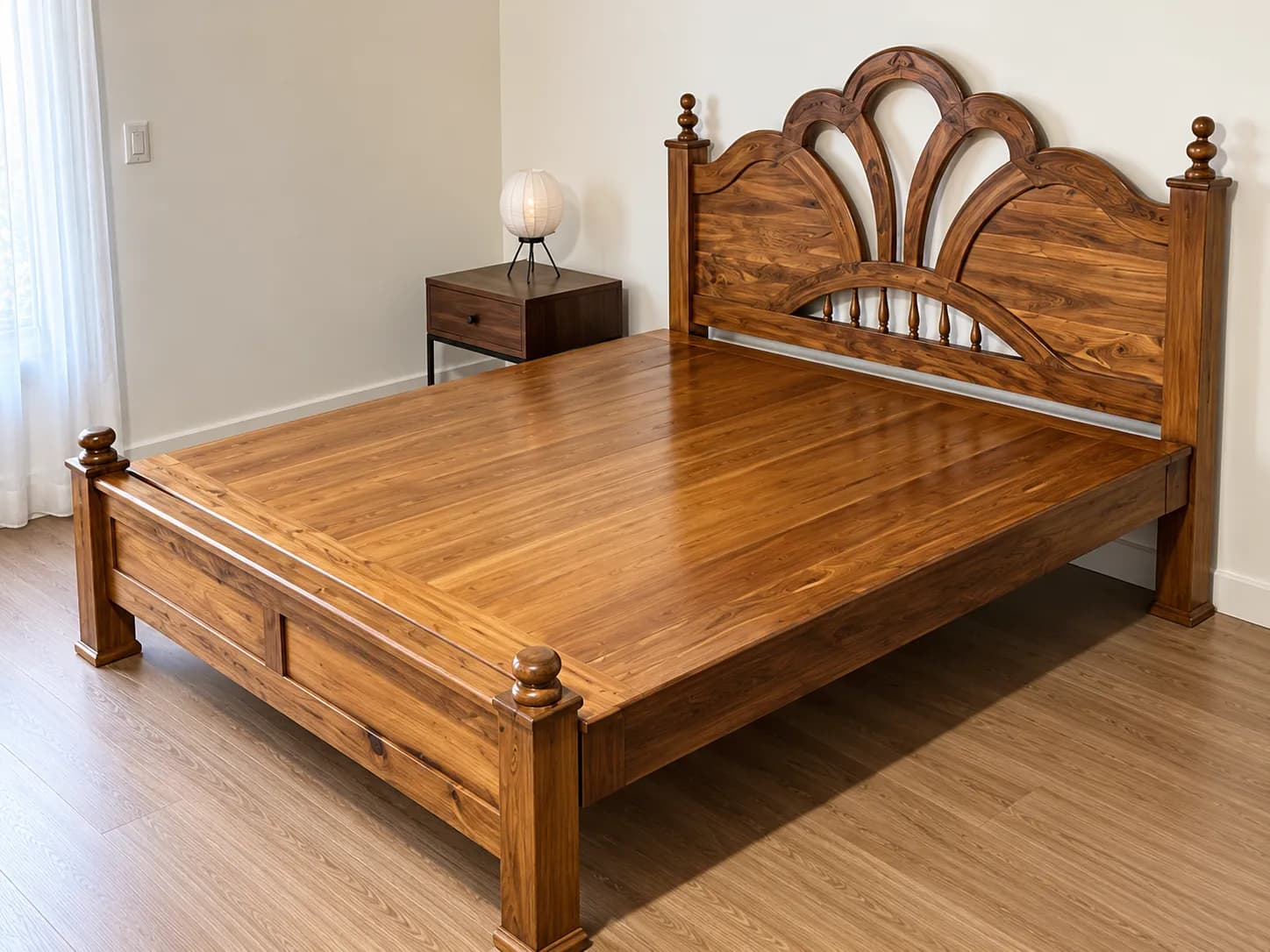 Kallingal Classic Teak Cot 4 - Handcrafted Traditional Cot Kallingal handcrafted traditional South Indian Nilambur teak wood cot with curved headrest