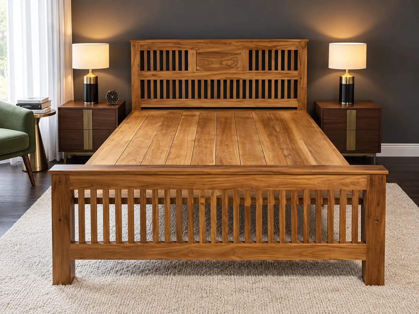 Kallingal Grand King Cot 5 - Luxury Master Bedroom Cot Kallingal luxury grand king size wooden bed with arched headboard in natural teak sheen