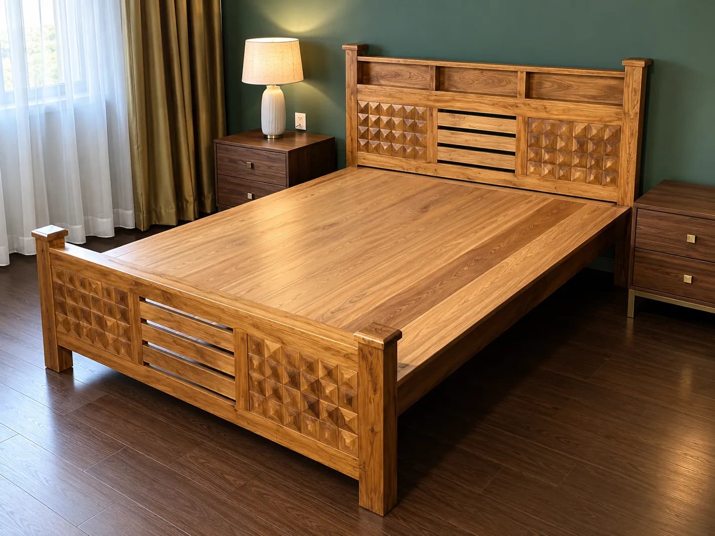 Kallingal Queen Comfort Cot 6 - Contemporary Queen Bed Kallingal contemporary queen size wooden cot with streamlined geometric headboard panels