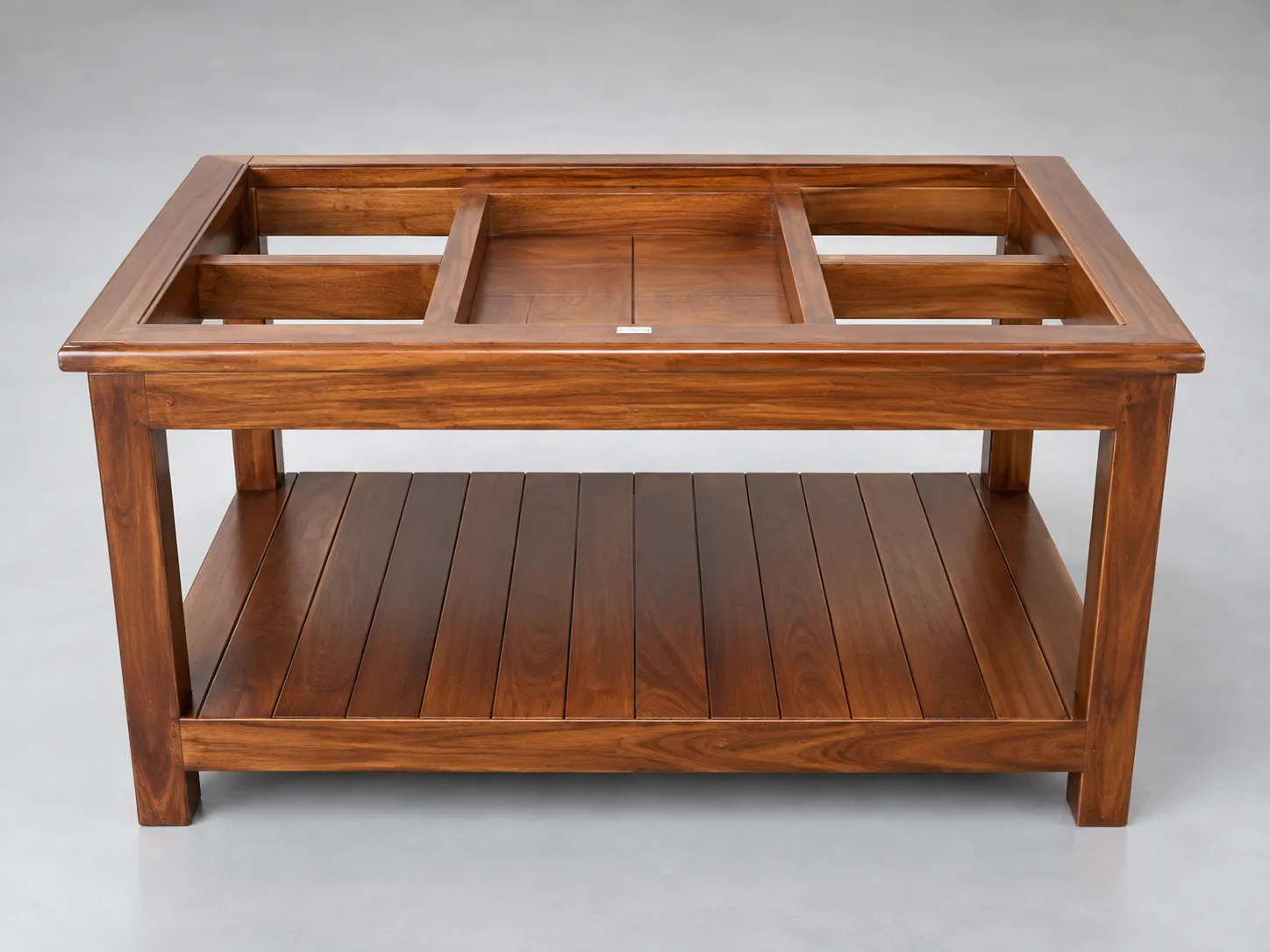 Kallingal Frosted Glass Accent Teapoy 14 - Glass Inlay Teapoy Kallingal solid teak wood teapoy featuring frosted tempered glass center inlay