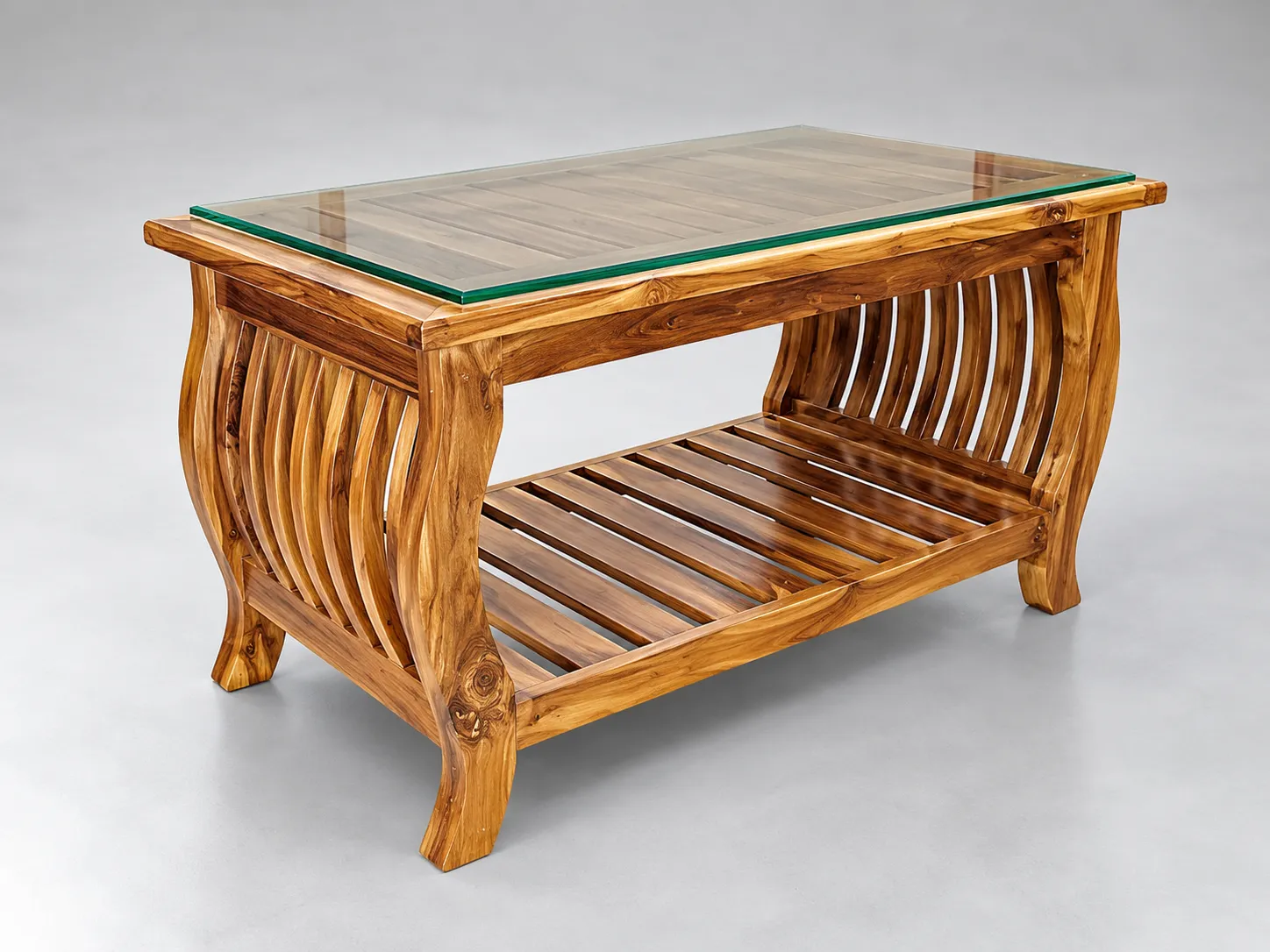 Kallingal Glass Top Teapoy 2 - Toughened Glass Coffee Table Kallingal designer teak teapoy with clear toughened glass top and lower wooden magazine rack