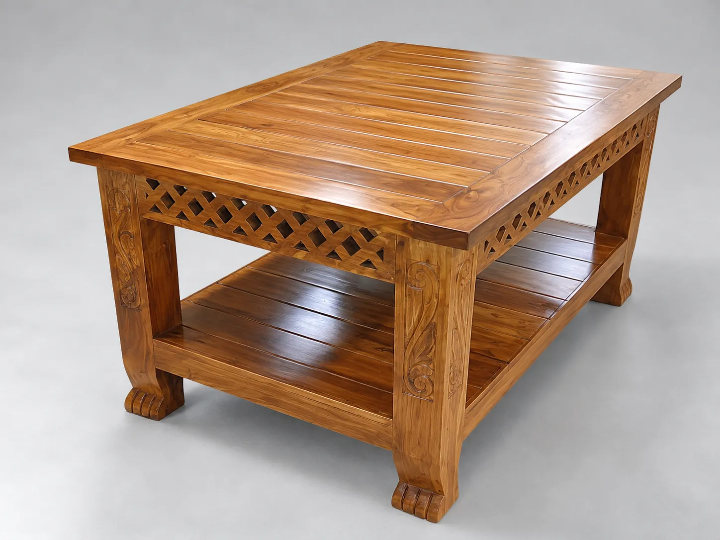 Kallingal Storage Drawer Teapoy 3 - Teak Coffee Table with Drawers Kallingal living room teapoy with dual pull-out storage drawers and brass knob handles