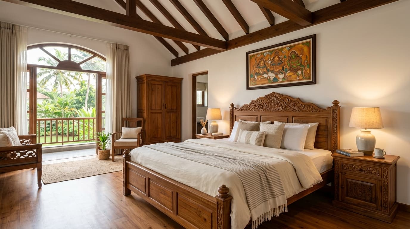 Handcrafted Nilambur teak wood bed in a modern tranquil bedroom interior